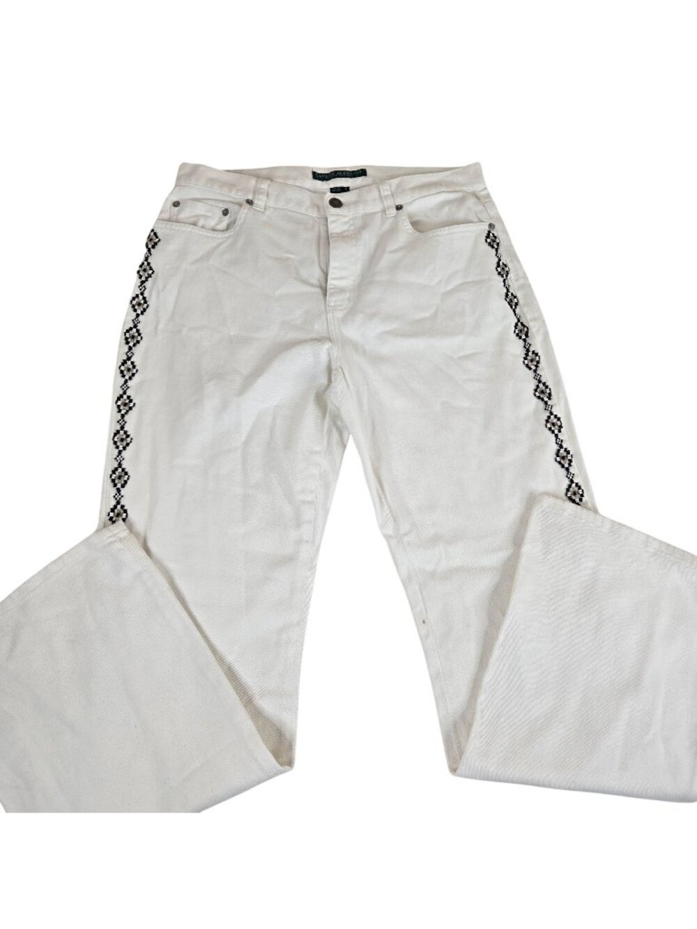 Vintage 90s Lauren Ralph Lauren White Beaded Western Jeans Womens Size 10 Boot C
